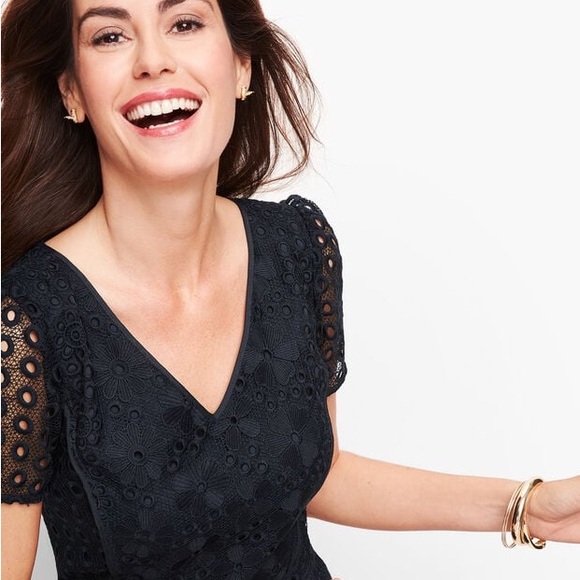 Talbots Navy Eyelet V-Neck A-Line Midi Dress - Picture 5 of 15